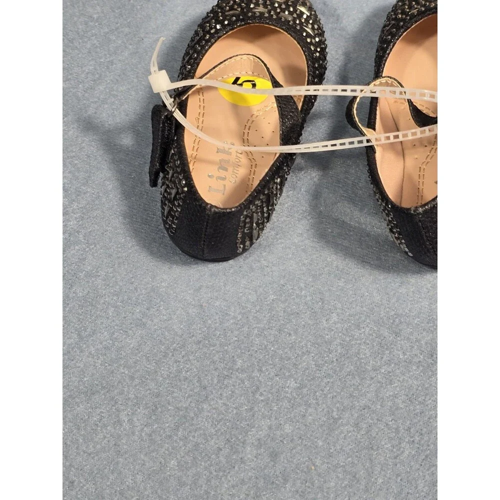 Link Comfort Girls Embellished Black Sparkly Rhinestone Mary Jane Ballet Flats 5